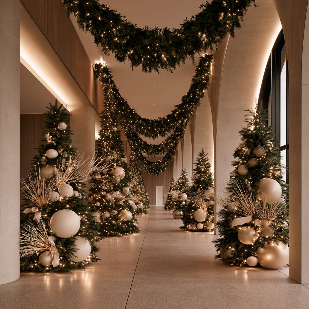 A corridor lined with tall evergreen trees in ivory ornaments and dried grasses beneath swagged, softly lit garland